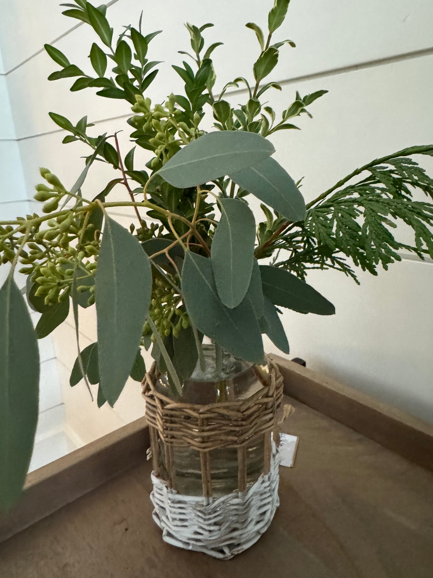 Greens with Glass White & Rattan Vase