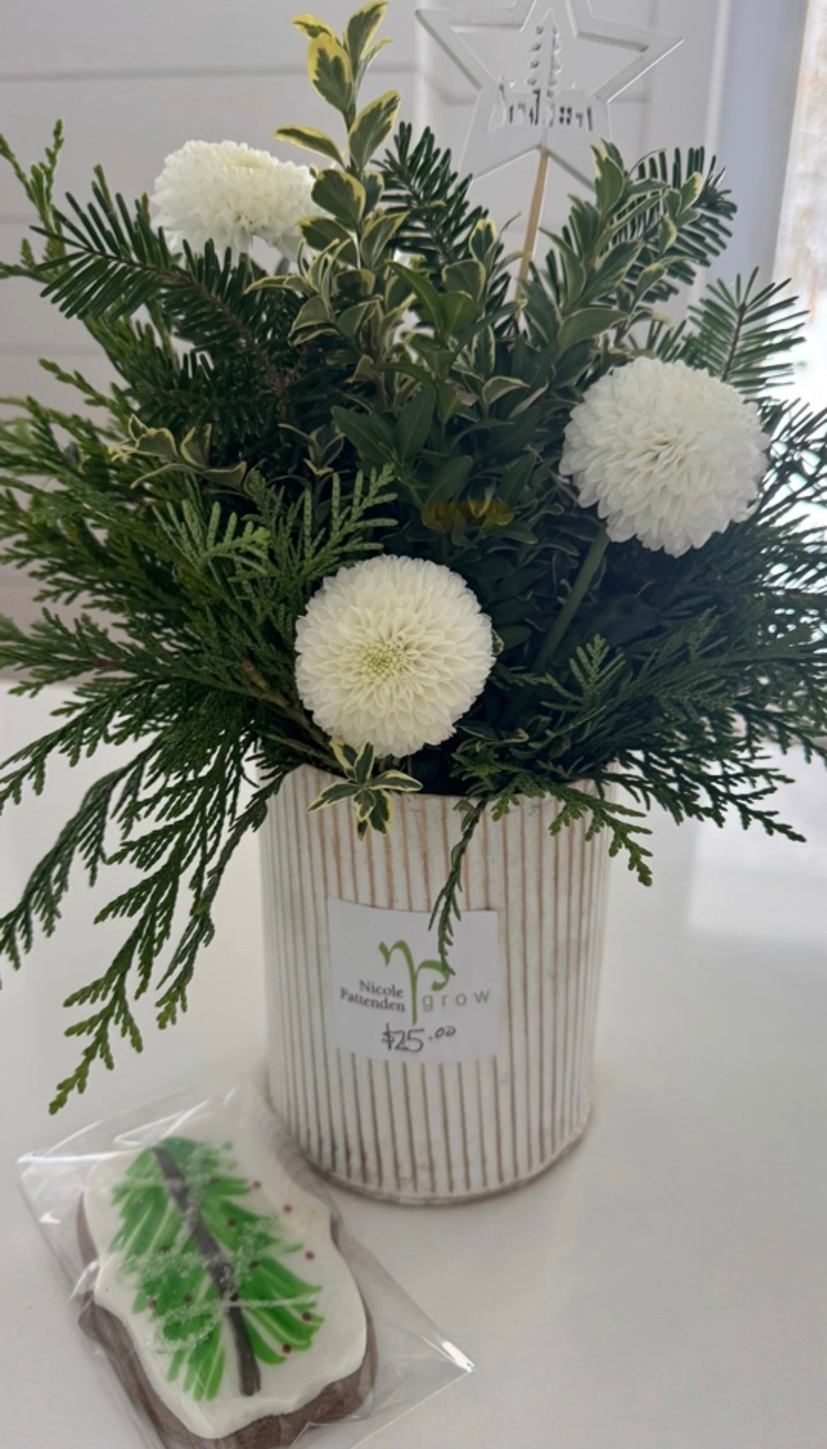 White Tin with Greenery and White Flowers