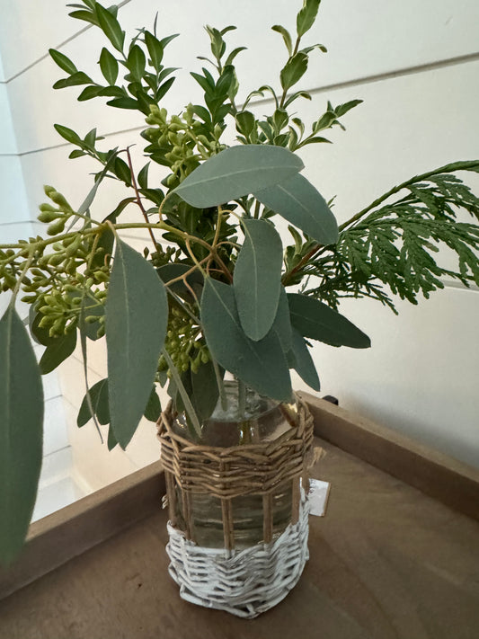 Greens with Glass White & Rattan Vase