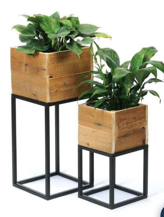 Black/ Wood Square Plant Stands