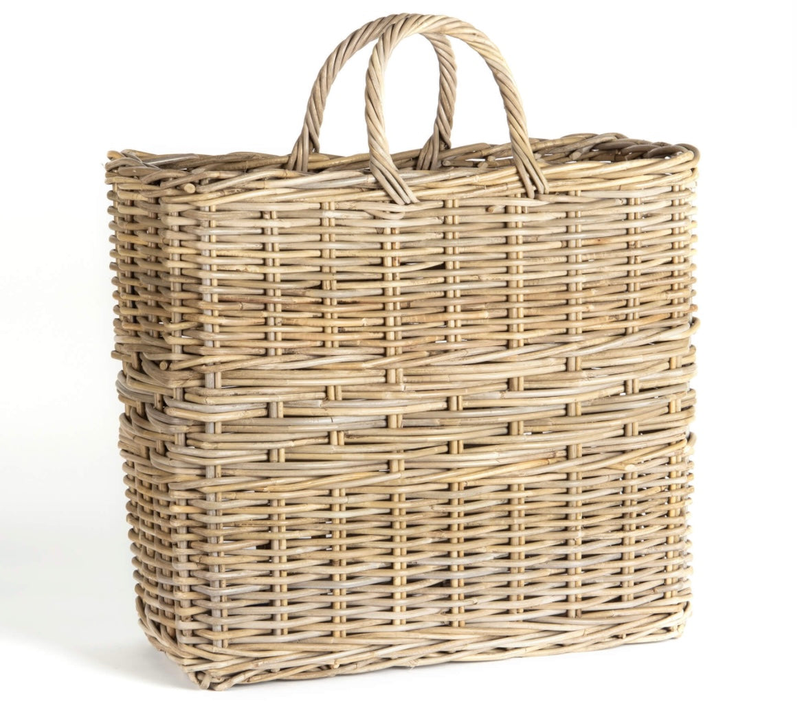 Tall Rectangular Grey Rattan Basket with Handles