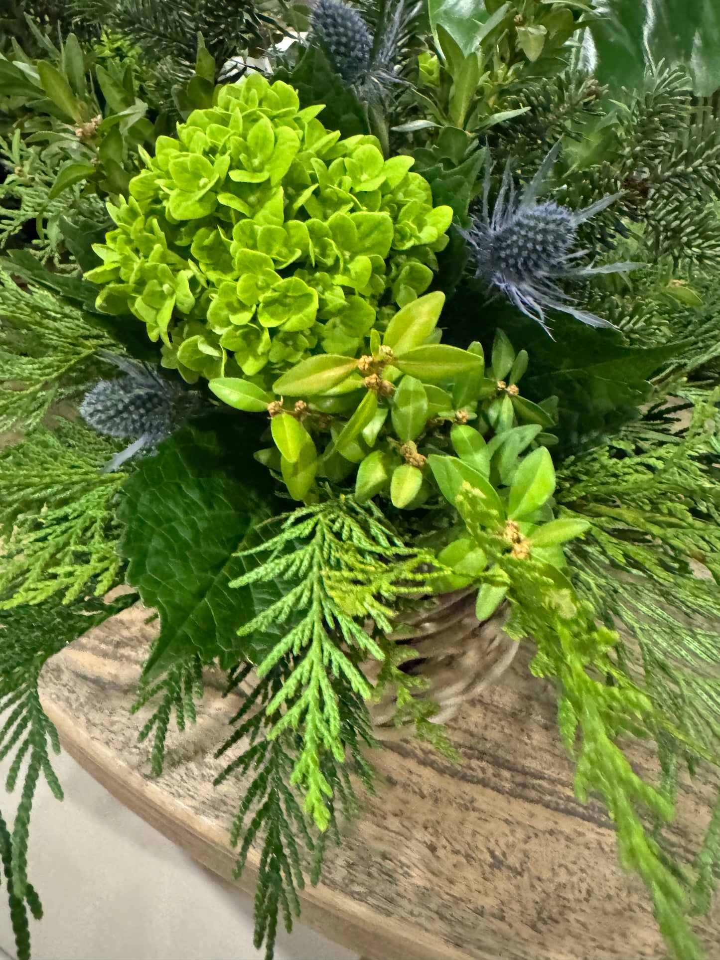 Lime Green Hydrangeas & Purple Thistle Arrangement