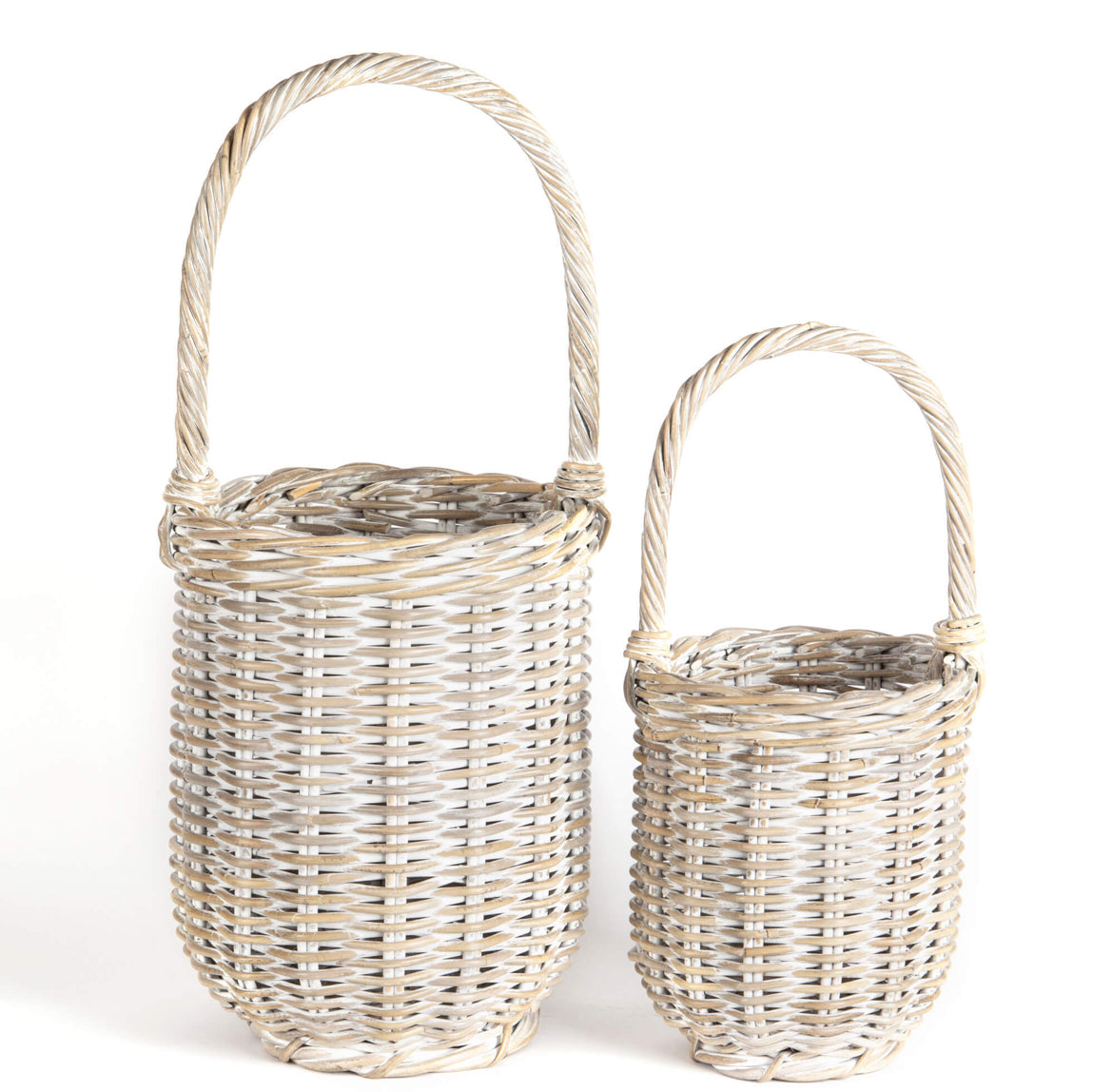 Tall Whitewash Rattan Baskets With Overhandle