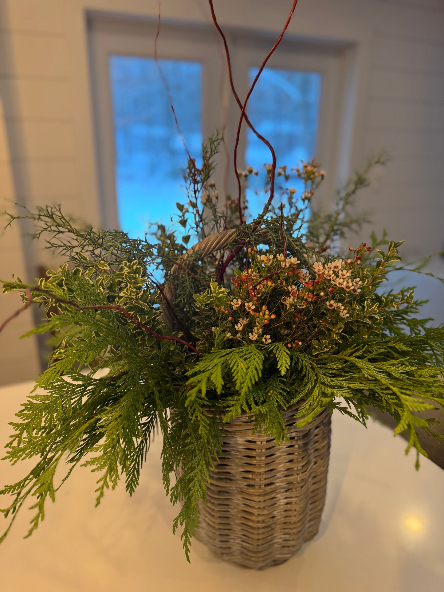 Winter Arrangement in Rattan Handle Basket