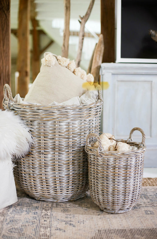 Tall Round Basket Whitewashed