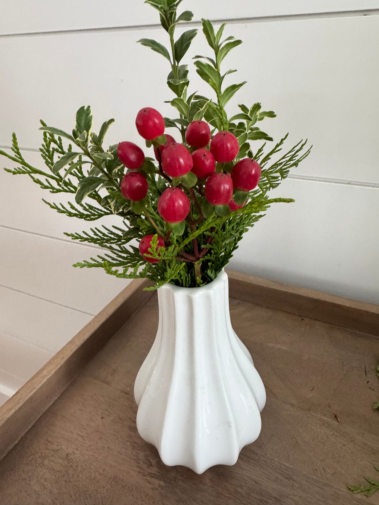 Small White Vase with Greenery and Berries