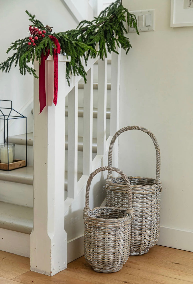 Tall Whitewash Rattan Baskets With Overhandle