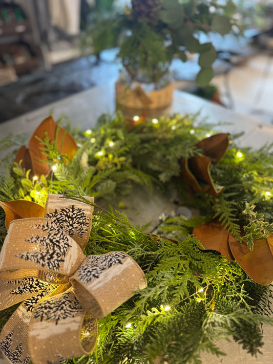 Fresh Greenery Winter Wreath with Ribbon